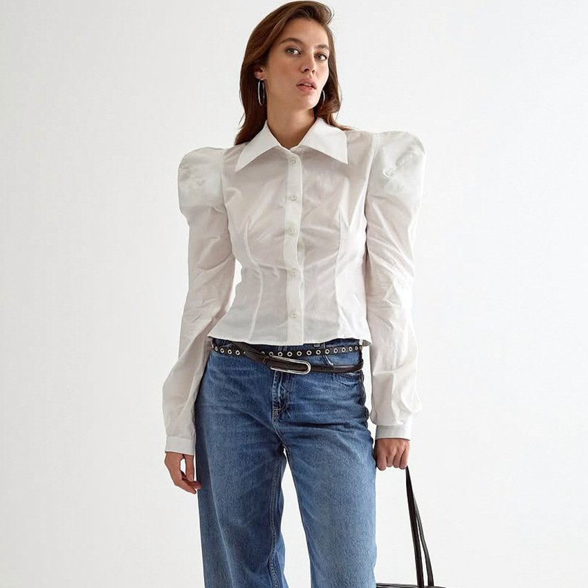 white long sleeved top, feminine commuter shirt, high end versatile shirt white long sleeved top, feminine commuter shirt, high end versatile shirt