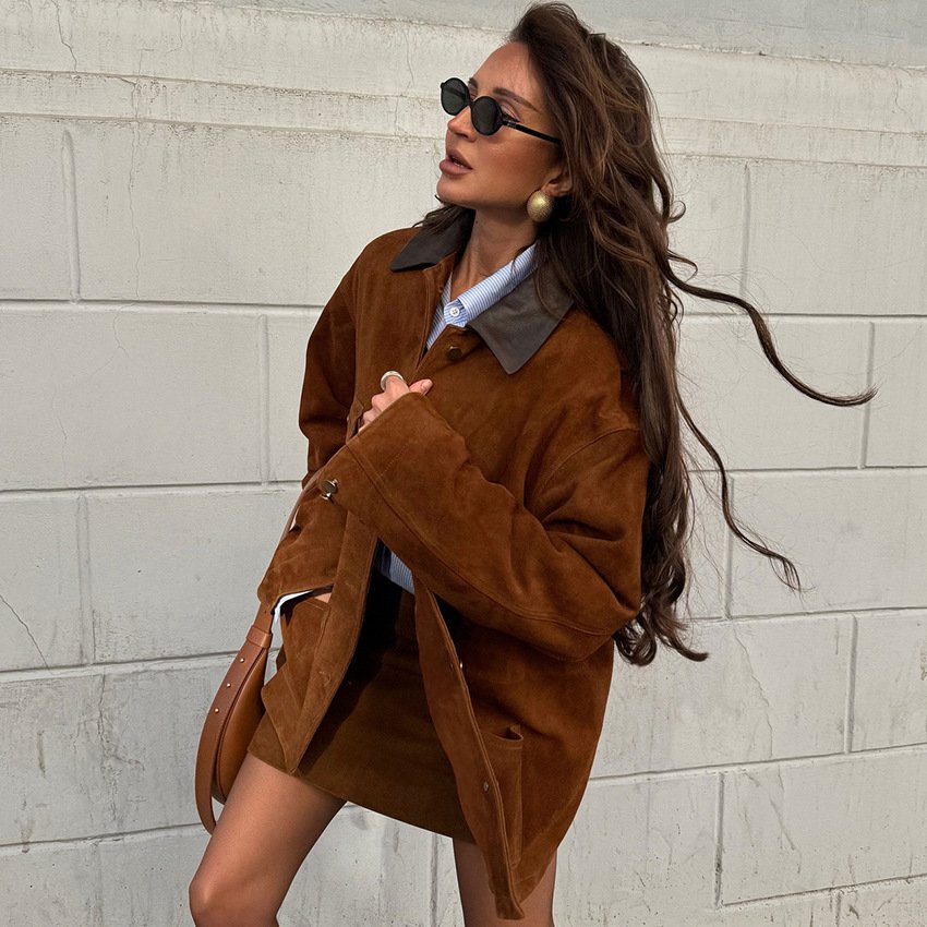 stylish and casual brown retro suede leather jacket with commuting design stylish and casual brown retro suede leather jacket with commuting design