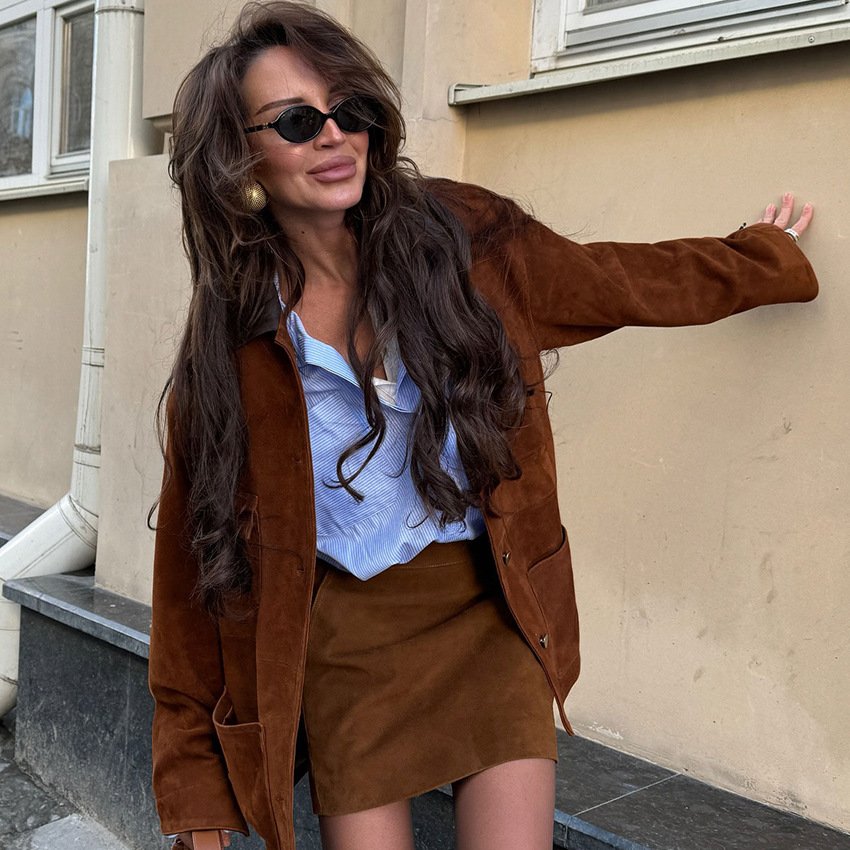 stylish and casual brown retro suede leather jacket with commuting design stylish and casual brown retro suede leather jacket with commuting design