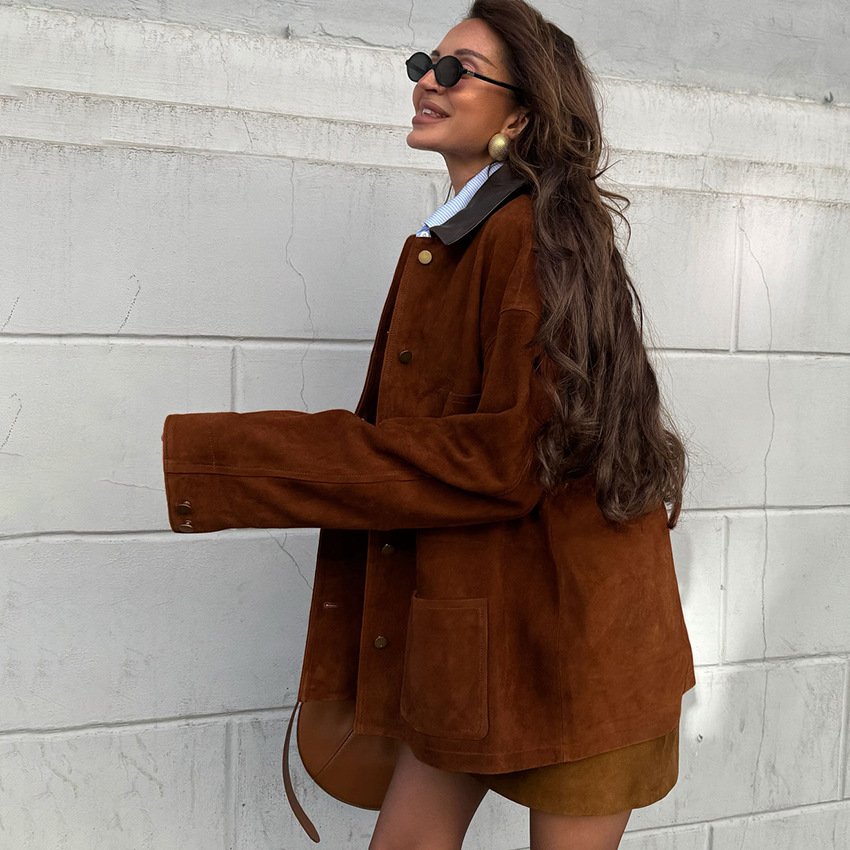 stylish and casual brown retro suede leather jacket with commuting design stylish and casual brown retro suede leather jacket with commuting design