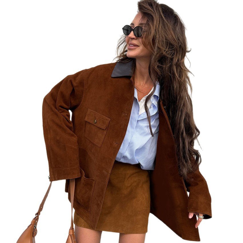 stylish and casual brown retro suede leather jacket with commuting design stylish and casual brown retro suede leather jacket with commuting design