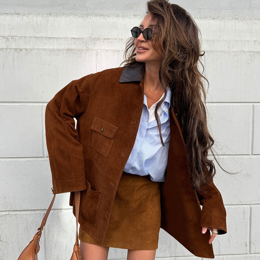 stylish and casual brown retro suede leather jacket with commuting design stylish and casual brown retro suede leather jacket with commuting design