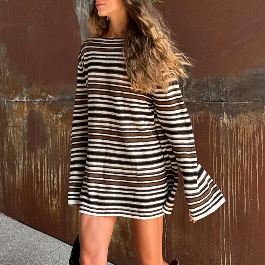 loose knitted striped dress, stylish and stylish for commuting loose knitted striped dress, stylish and stylish for commuting