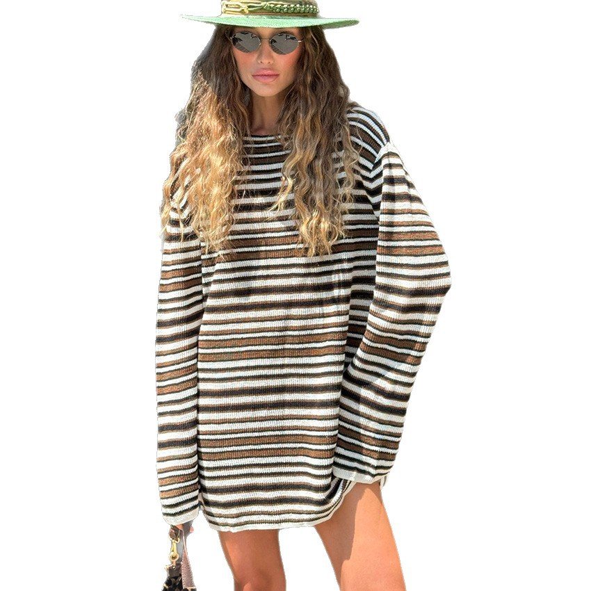 loose knitted striped dress, stylish and stylish for commuting loose knitted striped dress, stylish and stylish for commuting