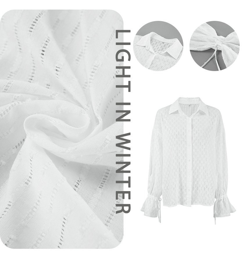 temperament hollow jacquard long sleeved shirt with bell sleeve lace up casual shirt design temperament hollow jacquard long sleeved shirt with bell sleeve lace up casual shirt design