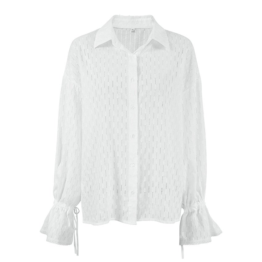 temperament hollow jacquard long sleeved shirt with bell sleeve lace up casual shirt design temperament hollow jacquard long sleeved shirt with bell sleeve lace up casual shirt design