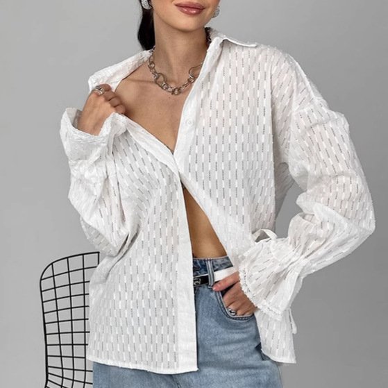 temperament hollow jacquard long sleeved shirt with bell sleeve lace up casual shirt design temperament hollow jacquard long sleeved shirt with bell sleeve lace up casual shirt design