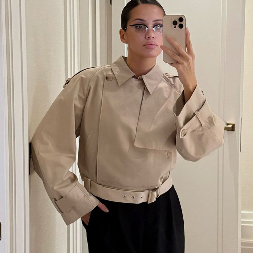 high end khaki short waist windbreaker women's design jacket with stylish temperament high end khaki short waist windbreaker women's design jacket with stylish temperament