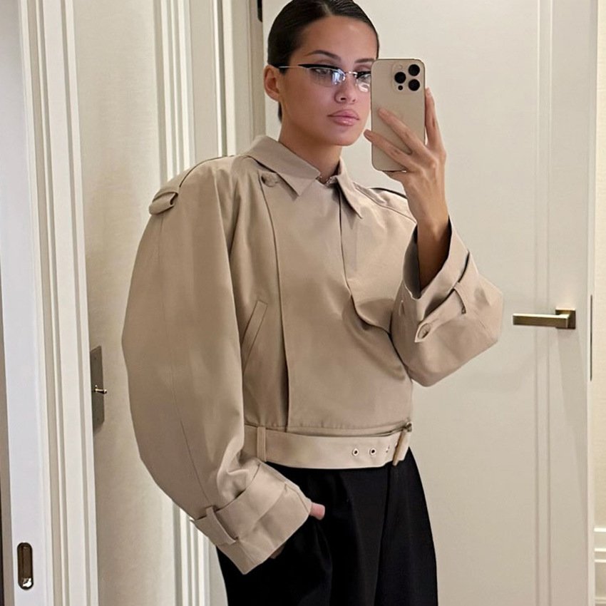 high end khaki short waist windbreaker women's design jacket with stylish temperament high end khaki short waist windbreaker women's design jacket with stylish temperament