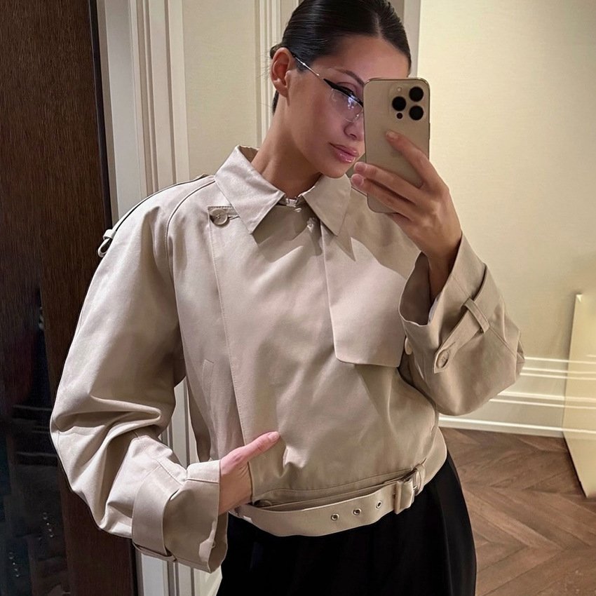 high end khaki short waist windbreaker women's design jacket with stylish temperament high end khaki short waist windbreaker women's design jacket with stylish temperament