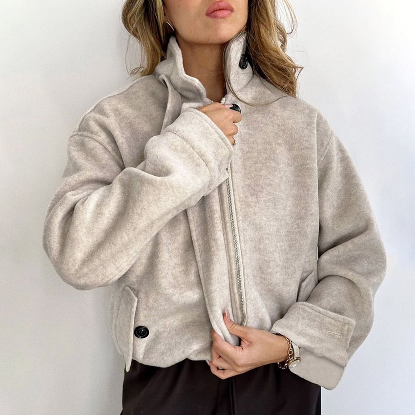 zippered short woolen coat for women, loose woolen top, stylish and stylish design zippered short woolen coat for women, loose woolen top, stylish and stylish design