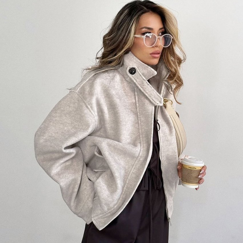 zippered short woolen coat for women, loose woolen top, stylish and stylish design zippered short woolen coat for women, loose woolen top, stylish and stylish design