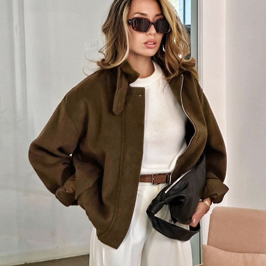 zippered short woolen coat for women, loose woolen top, stylish and stylish design zippered short woolen coat for women, loose woolen top, stylish and stylish design