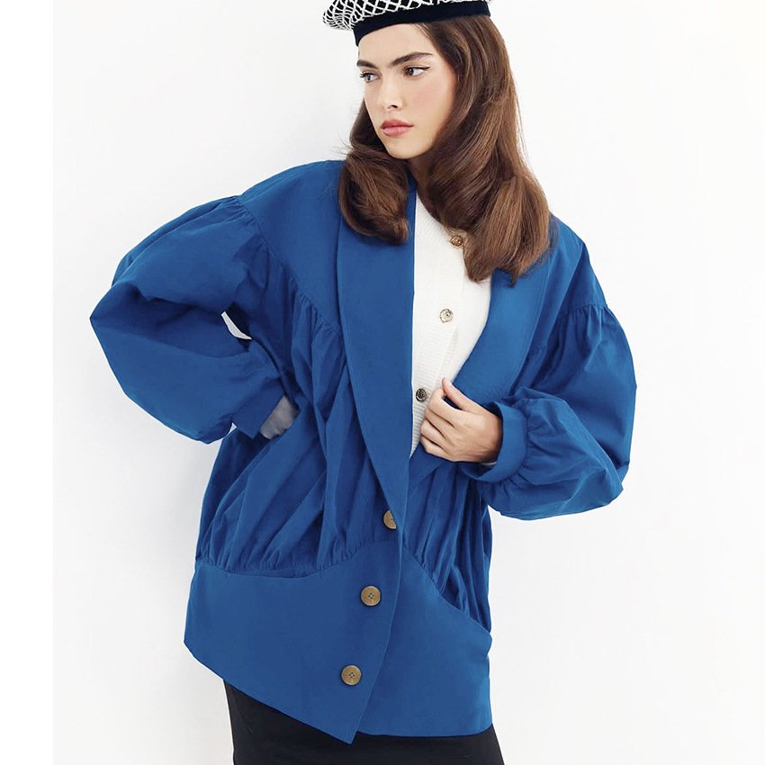 retro motorcycle style navy blue windbreaker suit collar button jacket design temperament fashionable commuting retro motorcycle style navy blue windbreaker suit collar button jacket design temperament fashionable commuting