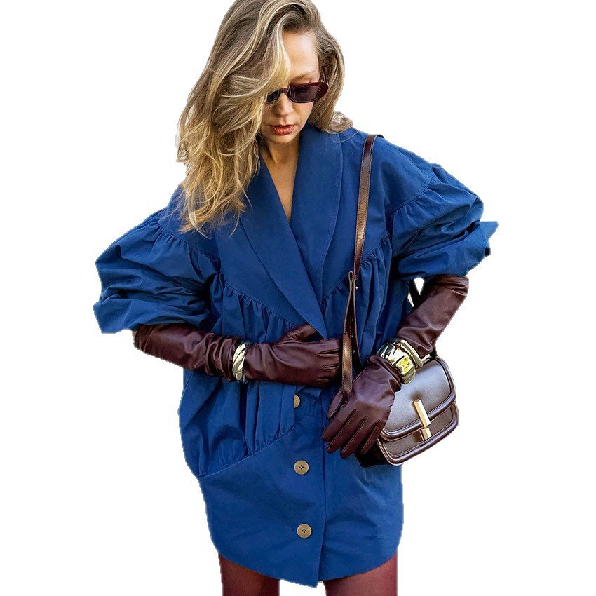 retro motorcycle style navy blue windbreaker suit collar button jacket design temperament fashionable commuting retro motorcycle style navy blue windbreaker suit collar button jacket design temperament fashionable commuting