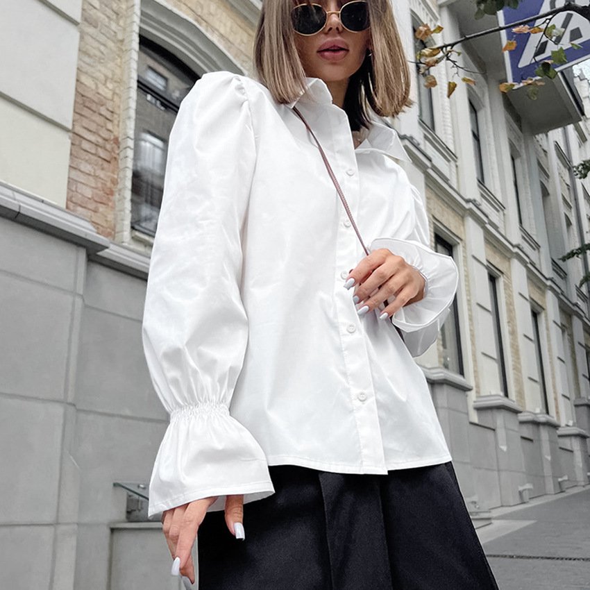 pure cotton puff sleeve shirt, simple temperament, versatile long sleeved top for commuting pure cotton puff sleeve shirt, simple temperament, versatile long sleeved top for commuting