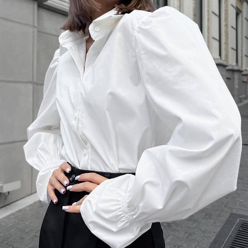 pure cotton puff sleeve shirt, simple temperament, versatile long sleeved top for commuting pure cotton puff sleeve shirt, simple temperament, versatile long sleeved top for commuting