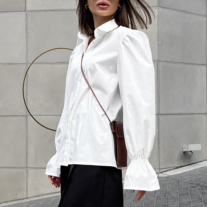 pure cotton puff sleeve shirt, simple temperament, versatile long sleeved top for commuting pure cotton puff sleeve shirt, simple temperament, versatile long sleeved top for commuting