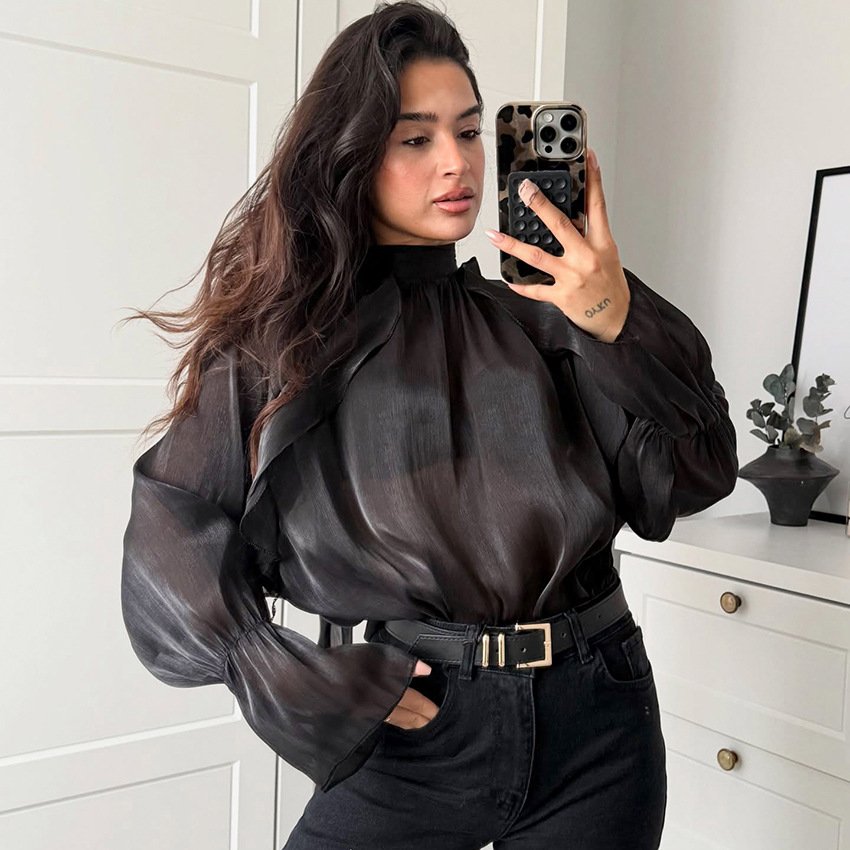 design sense, fashionable temperament, versatile commuting shirt, stand collar slim top for women design sense, fashionable temperament, versatile commuting shirt, stand collar slim top for women