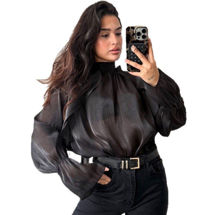design sense, fashionable temperament, versatile commuting shirt, stand collar slim top for women design sense, fashionable temperament, versatile commuting shirt, stand collar slim top for women
