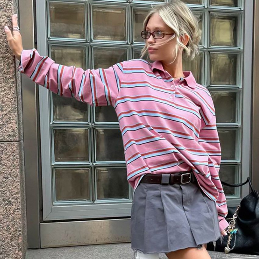 knitted style fashionable pink striped women's shirt niche shirt commuting knitted style fashionable pink striped women's shirt niche shirt commuting