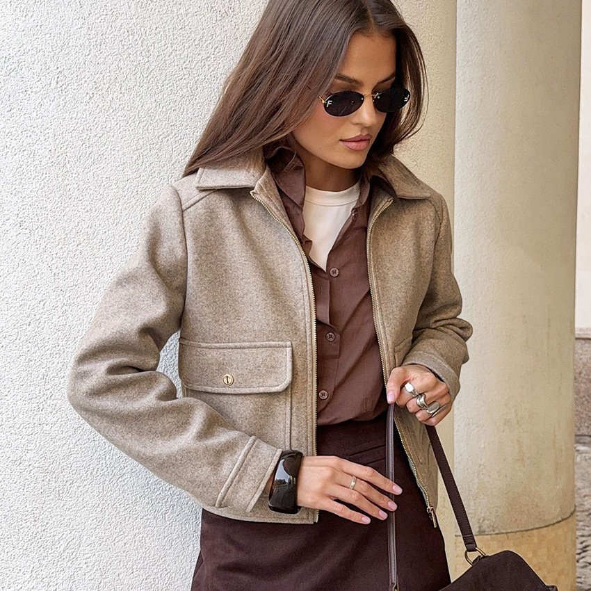 wool short coat style khaki jacket for women, stylish and stylish design wool short coat style khaki jacket for women, stylish and stylish design