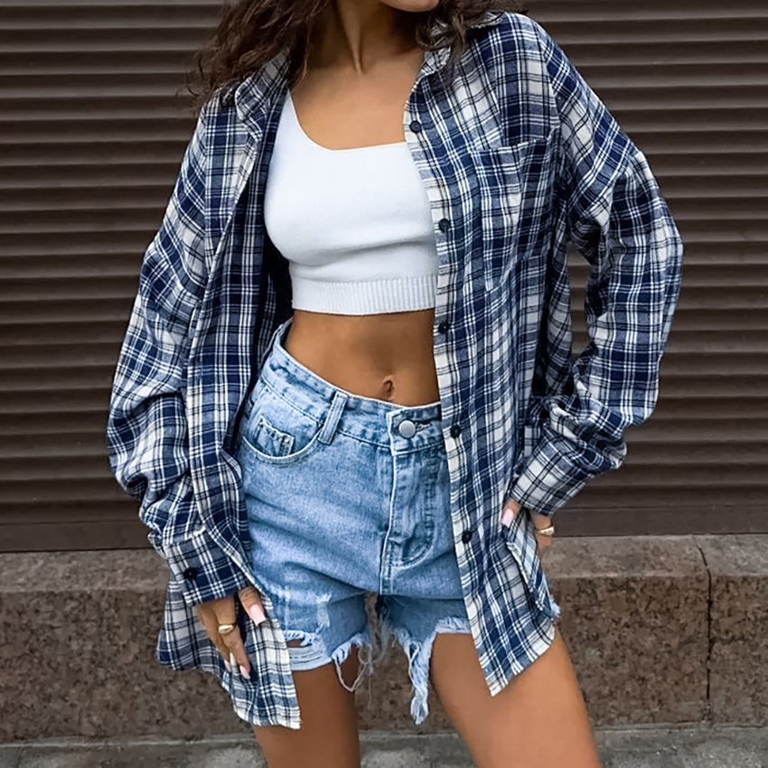 fashion casual blue plaid shirt women's design loose jacket shirt women's clothing fashion casual blue plaid shirt women's design loose jacket shirt women's clothing