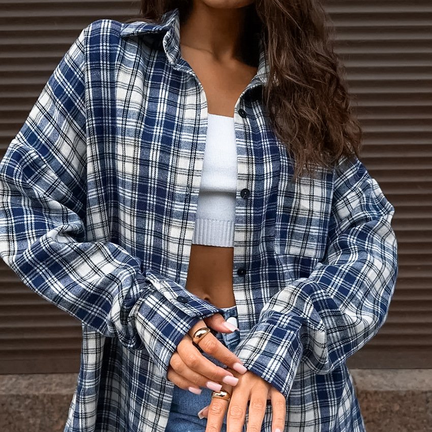 fashion casual blue plaid shirt women's design loose jacket shirt women's clothing fashion casual blue plaid shirt women's design loose jacket shirt women's clothing