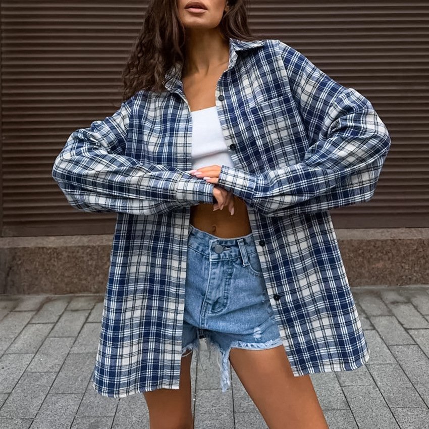 fashion casual blue plaid shirt women's design loose jacket shirt women's clothing fashion casual blue plaid shirt women's design loose jacket shirt women's clothing