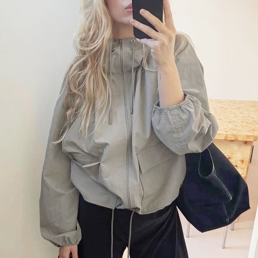 thin windbreaker, gray hooded drawstring jacket for women, design, temperament, fashionable commuting thin windbreaker, gray hooded drawstring jacket for women, design, temperament, fashionable commuting