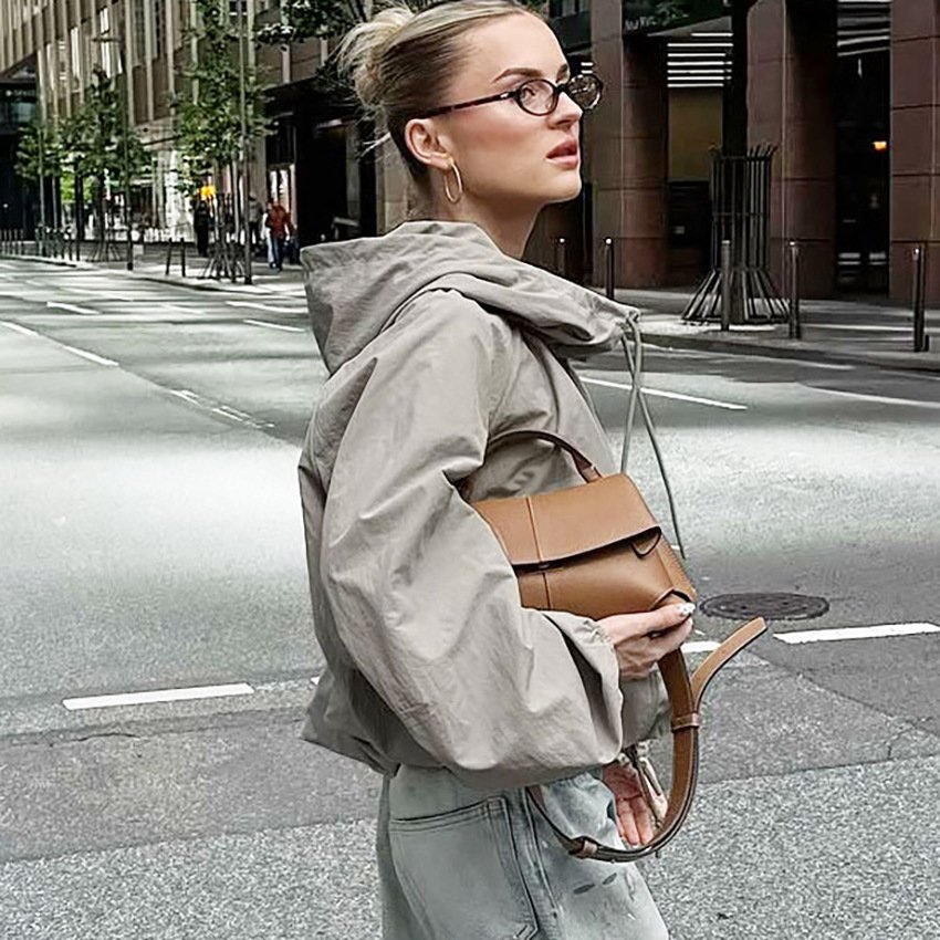 thin windbreaker, gray hooded drawstring jacket for women, design, temperament, fashionable commuting thin windbreaker, gray hooded drawstring jacket for women, design, temperament, fashionable commuting