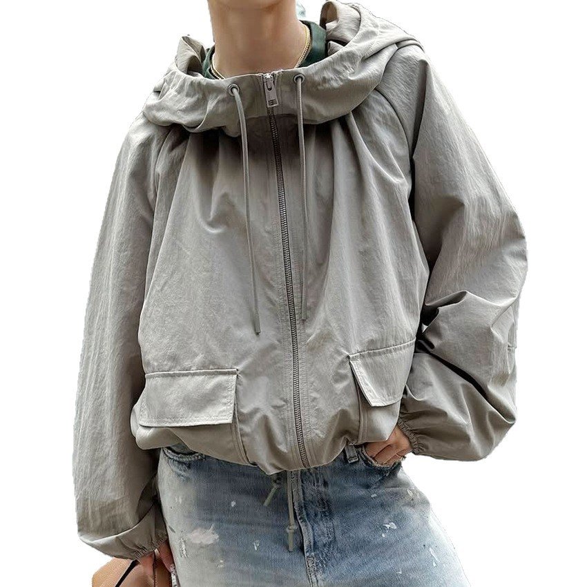 thin windbreaker, gray hooded drawstring jacket for women, design, temperament, fashionable commuting thin windbreaker, gray hooded drawstring jacket for women, design, temperament, fashionable commuting