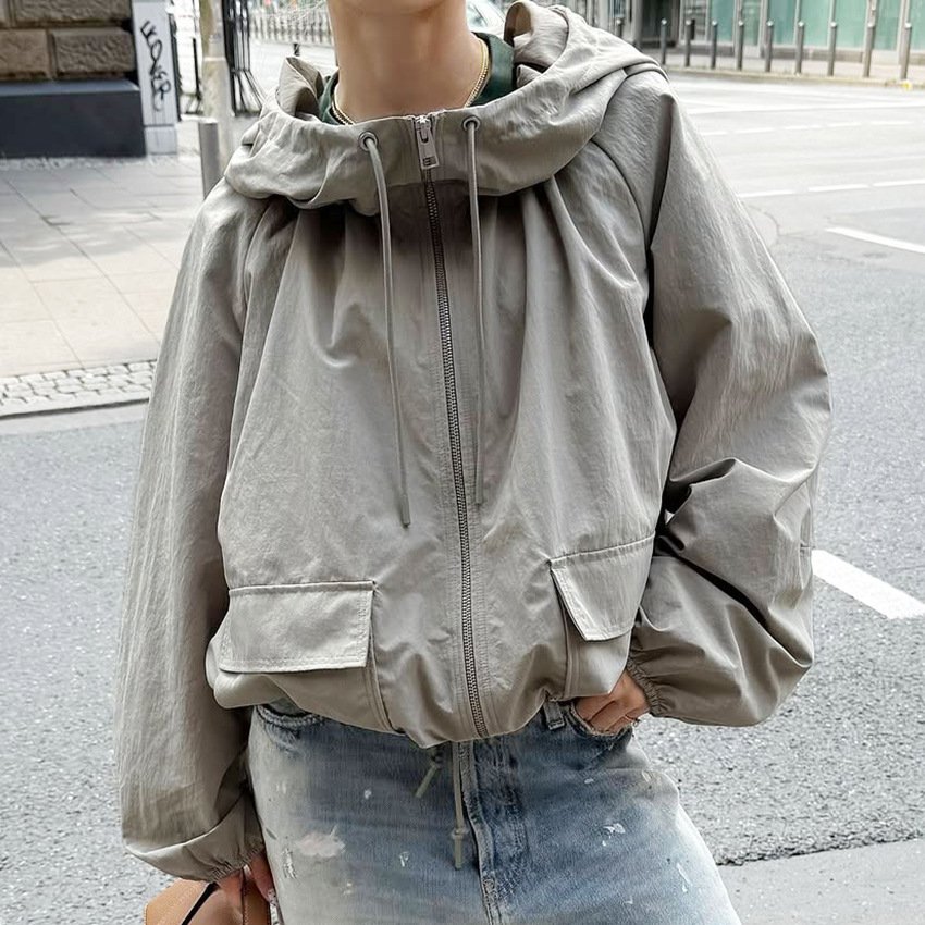 thin windbreaker, gray hooded drawstring jacket for women, design, temperament, fashionable commuting thin windbreaker, gray hooded drawstring jacket for women, design, temperament, fashionable commuting