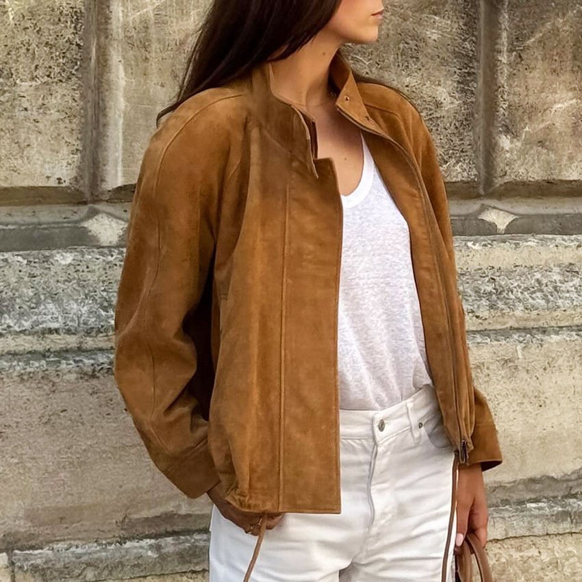 maillard retro suede stand collar jacket design brown frosted velvet drawstring jacket top temperament commuting maillard retro suede stand collar jacket design brown frosted velvet drawstring jacket top temperament commuting