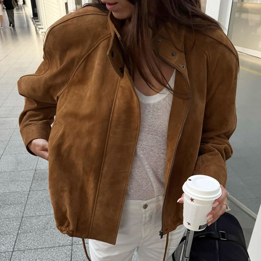 maillard retro suede stand collar jacket design brown frosted velvet drawstring jacket top temperament commuting maillard retro suede stand collar jacket design brown frosted velvet drawstring jacket top temperament commuting