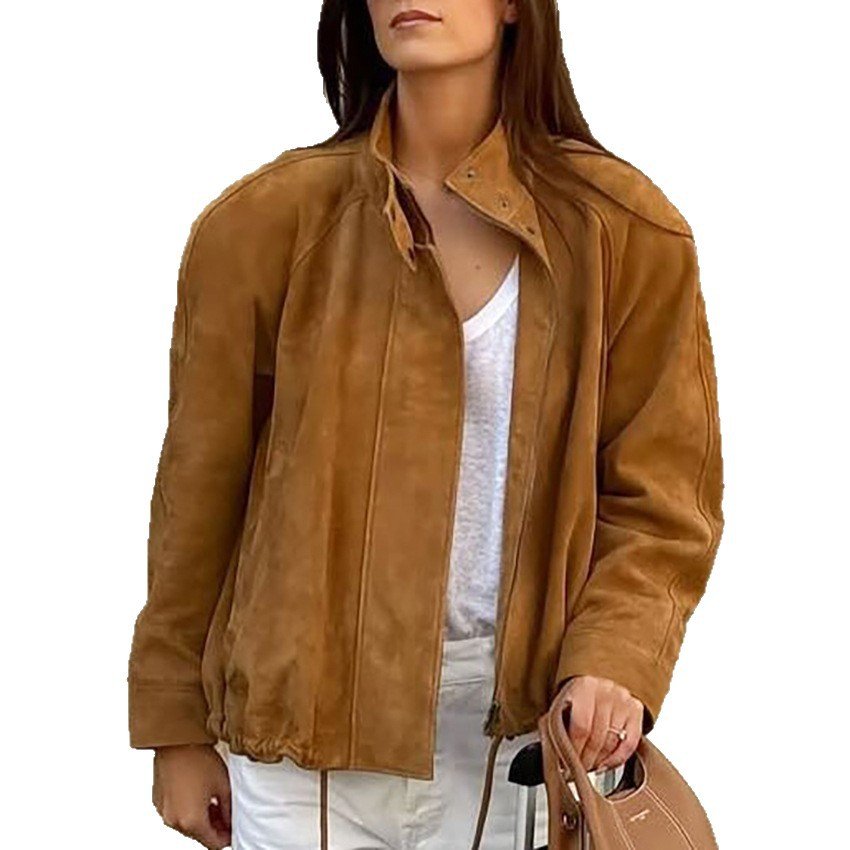 maillard retro suede stand collar jacket design brown frosted velvet drawstring jacket top temperament commuting maillard retro suede stand collar jacket design brown frosted velvet drawstring jacket top temperament commuting