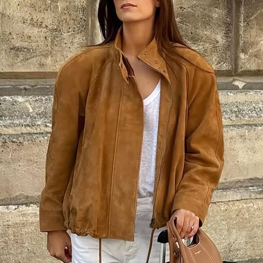 maillard retro suede stand collar jacket design brown frosted velvet drawstring jacket top temperament commuting maillard retro suede stand collar jacket design brown frosted velvet drawstring jacket top temperament commuting
