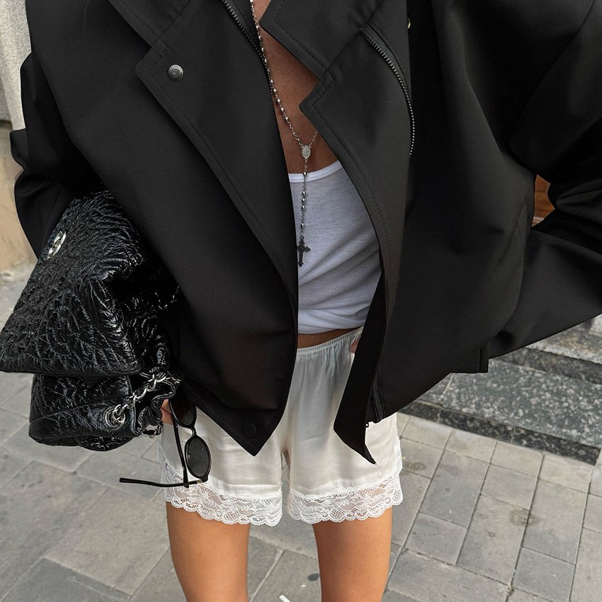 motorcycle style stand collar black jacket short coat design elegant and fashionable women's clothing motorcycle style stand collar black jacket short coat design elegant and fashionable women's clothing
