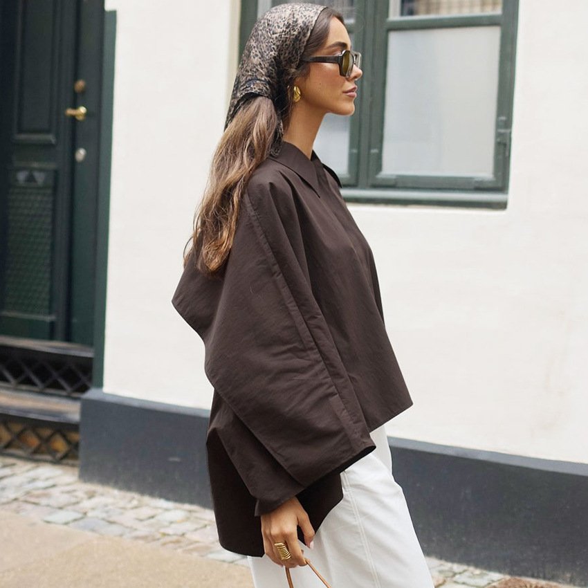 retro brown bat sleeve shirt, design shirt, stylish and commuting retro brown bat sleeve shirt, design shirt, stylish and commuting