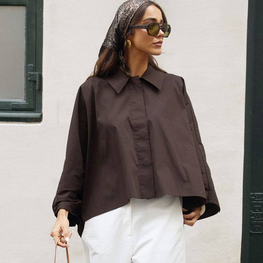 retro brown bat sleeve shirt, design shirt, stylish and commuting retro brown bat sleeve shirt, design shirt, stylish and commuting